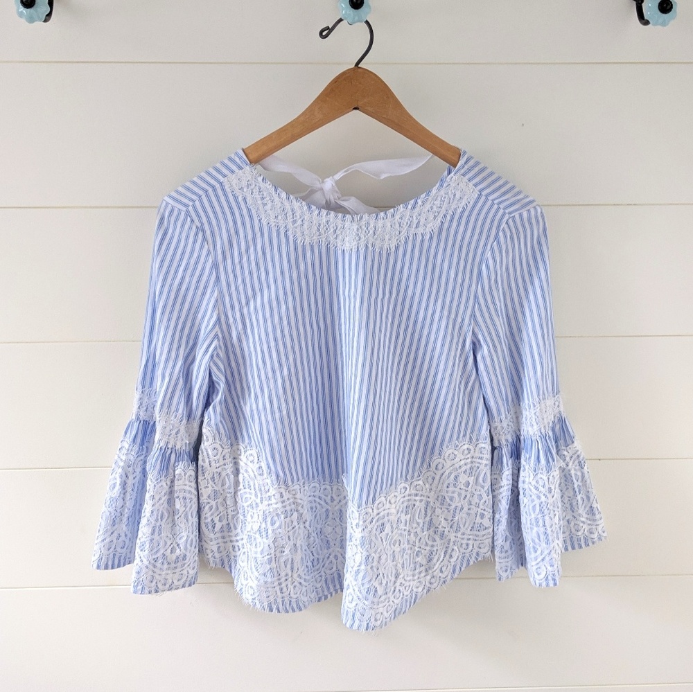 Zara Woman Blue Stripe Lace Bell Sleeve Blouse - Picture 4 of 7